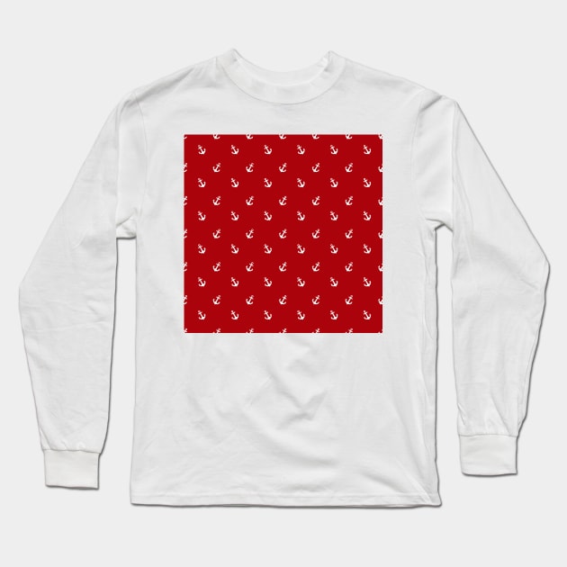 Red Nautical with White Anchors Long Sleeve T-Shirt by Peter the T-Shirt Dude